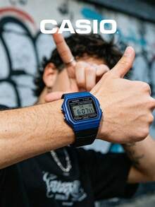 Casio 经典数字手表 F-91WM-2A，蓝色树脂表带，男女通用轻巧方形表盘，带闹钟、计时功能，防水 - 适合户外徒步、旅行、上学、休闲、运动等场合，男女皆宜的实用礼物 - 藍+黑 - 查看 3