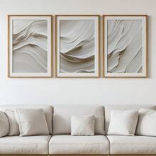 3幅中性米色柔和色调极简主义墙面艺术画，米色波浪抽象印花，笔触海报，现代墙面装饰，帆布画，适用于客厅、卧室、厨房、家庭办公室、咖啡厅、酒吧、宿舍、走廊、家居和房间装饰，不含画框 - 白色 - 查看 5