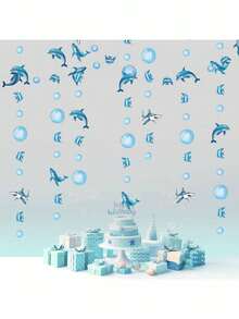 Shark Paper Garland, Shark Birthday Party Decorations, Ocean Series Hanging Garland Decorations For Birthday Party, Hanging Shark Wreath Decor, Ocean World Theme Backdrop Banner, Geometric Blue Ocean Nautical Style Swimming Pool Party Summer Pennant Decorations - Multicolor - View 5