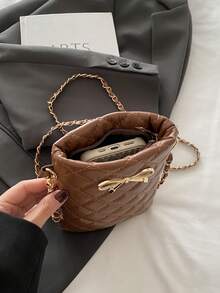 Mini Fashion Solid Color Quilted Small Bag With Diamond Grid Bow Hardware Decoration Chain Crossbody Bag, Suitable For Shopping, Wallet, Shopping, Young Women, College Students, Newcomers, And White Collars. They Are Very Suitable For Offices, Universities, Work, Business, Commuting, Outdoor Activities, Travel, And Outings - Brown - View 9