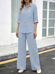 薄款 Polo 領休閒開襟衫，百搭純色優雅襯衫上衣，適合海灘、日常、通勤、上班、購物，2 件套，秋季 - 霧霾藍 - 查看 3
