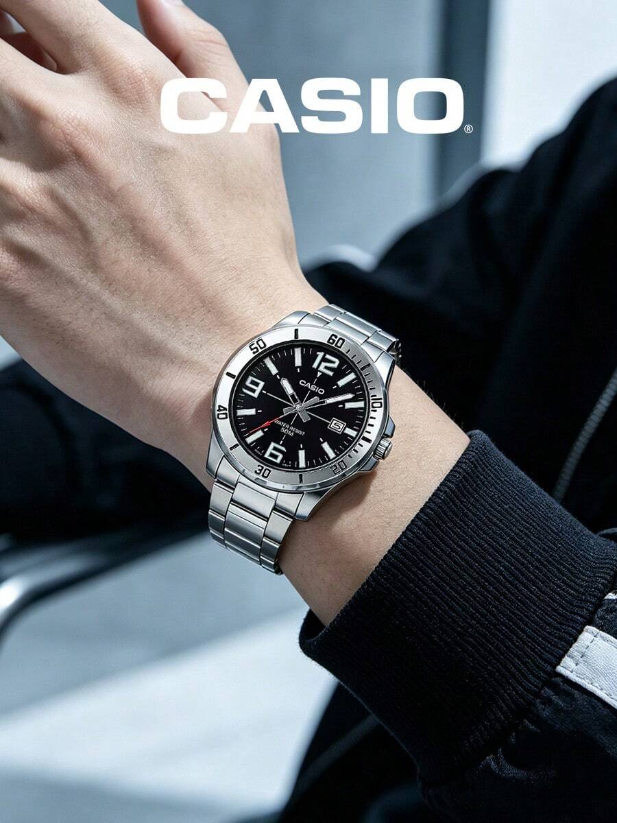 Casio 不锈钢潜水表,黑色表盘,夜光数字,红色秒针,日期显示,50米防水 - 户外运动休闲腕表,适合户外旅行、通勤,父亲节、毕业典礼、生日礼物 - 黑色 - 查看 1