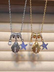 1 pieza Collar con colgante de concha metálica y estrella de mar con perla, elegante, versátil y casual, adecuado para uso diario, vacaciones, viajes, decoración única y de alta gama para mujeres - Multicolor - Ver 2
