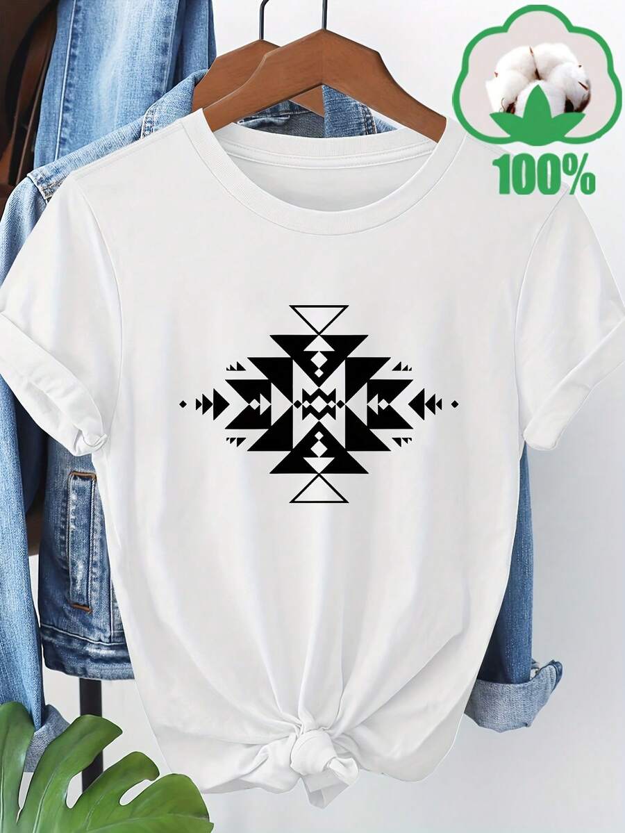 Short-Sleeved T-Shirt With Bohemian Pattern 9096 - 白色 - 查看 1