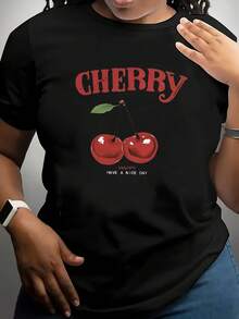 Women's T-Shirt With CHERRY Pattern - 黑色 - 查看 1