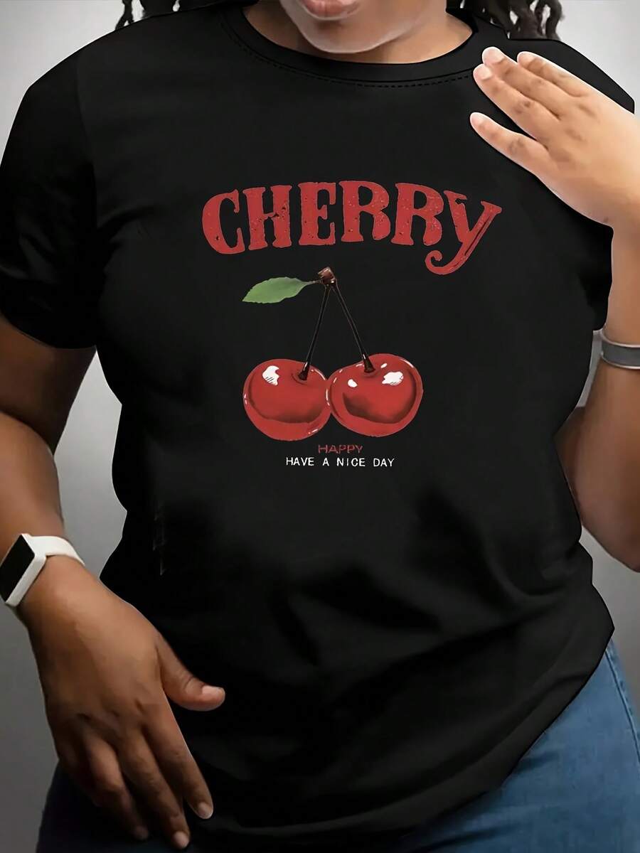 Women's T-Shirt With CHERRY Pattern - 黑色 - 查看 1