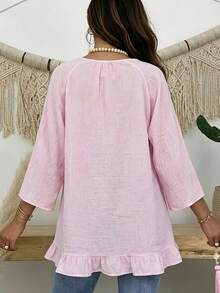 Women's Pink Polyester Round Neck Drop Shoulder Long Top, Ruffle Hem Flared Design, Bohemian Casual Style - Pink - View 2