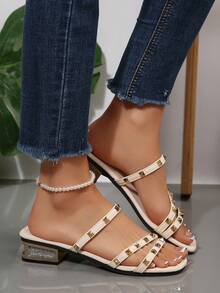 时尚铆钉方头套脚穆勒鞋，百搭粗跟露后跟凉鞋，女士 - 米色 - 查看 7