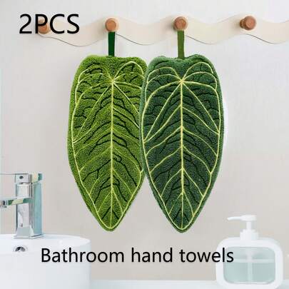A 2-Piece Set Of Creative Leaf-Shaped Bathroom Hand Towels, Hangable Design, Absorbent Material, Finger Towels For Use In Bathrooms, Restaurants, And Kitchens