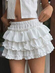 Falda de pastel con volantes blancos estilo coqueto - Falda de línea A de cintura elástica para el verano - Blanco - Ver 1