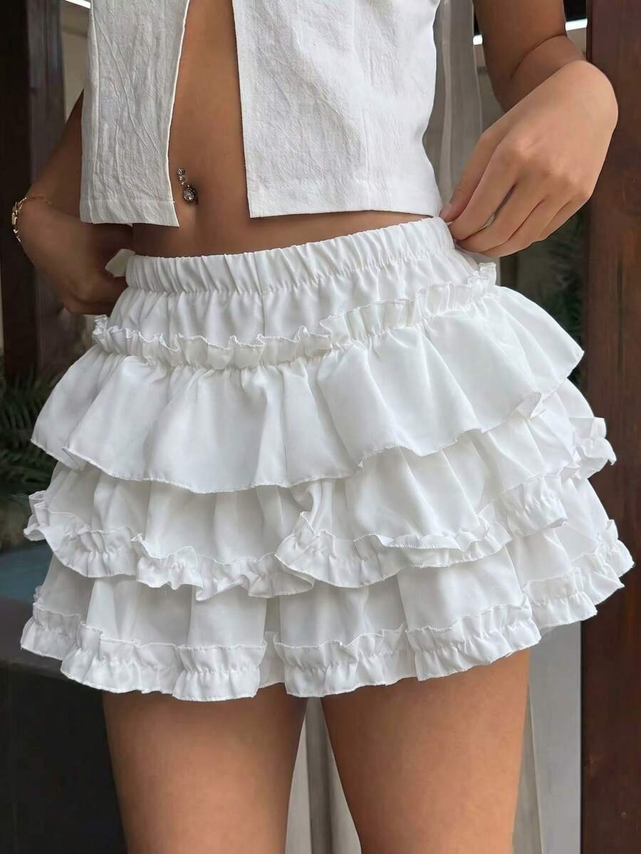 Falda de pastel con volantes blancos estilo coqueto - Falda de línea A de cintura elástica para el verano - Blanco - Ver 1