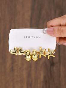 3pairs/9pairs Fashion Golden-Plated Vacation Style Stud Earrings Set, Starfish&Flower-Shaped, Lightweight Plastic Material Suitable For Travel And Daily Wear - Gold - View 3