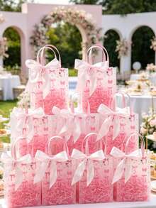 6个粉色蝴蝶结印花礼品袋，哑光礼品包装袋，可重复使用便携礼品袋，婚礼装饰回礼袋，情人节礼物，蝴蝶结生日派对装饰，新娘送礼会装饰，粉色派对装饰，婴儿派对装饰，性别揭晓派对装饰，产品包装袋，小型企业大容量礼品袋，家居收纳袋，房间装饰，生日礼物，派对回礼 - 蝴蝶結 - 查看 3