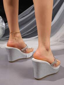 Women's Fashion Casual Summer Solid Color Rhinestone Wedge Thick Bottom Slip-On Beach Sandals - Silver - View 5