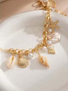 1pc Ocean Theme Starfish, Shell, Pearl Beaded Bracelet, Fashionable Multi-Layer Pendant Bracelet, Suitable For Beach Party And Vacation (Handmade, Color And Size May Vary Slightly) - 彩色 - 查看 2