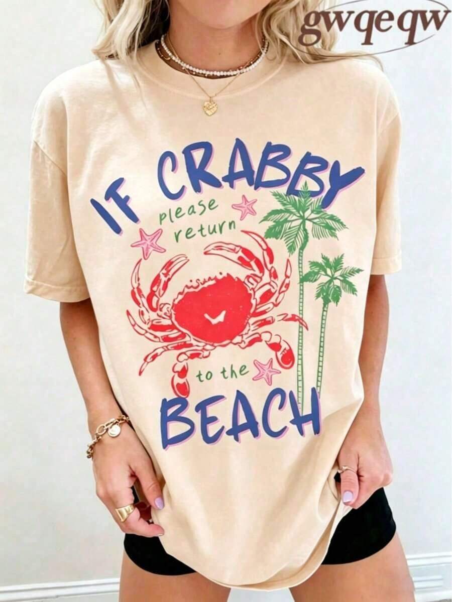 ropa de mujer Camiseta Oversized con Estampado Gráfico "If Crabby Please Return To The Beach", Camiseta Casual Beige de Verano, Ropa de Vacaciones en la Playa para Mujer, Ropa de Verano a la Moda, Camisetas con Estampado Costero - Albaricoque 1 - Ver 1