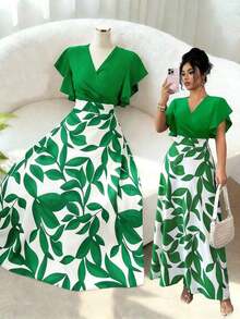 ajustado y acampanado con volantes y mangas de capa, con estampado de hojas de color rojo burdeos, para primavera/verano - Verde - Ver 12