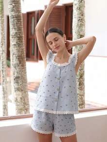 Bộ đồ 2 món mùa xuân/hè kiểu dáng rộng rãi, mở phía trước, in hình bướm, thích hợp mặc ở nhà và đi chơi, chất liệu dễ bảo quản. - Màu xanh lam - Xem 1