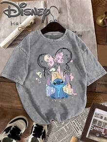 Disney Cartoon Print Oversized Vintage Washed T Shirt With  Design Classic Quote Timon Pumbaa And Simba Silhouette Streetwear 2026 Spring Summer Retro Fashion Must Have Crew Neck Tee - 灰色 - 查看 2