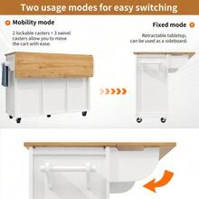 Kitchen Island Dining Table Cabinet, 120 X 73 (45) X 92 Cm, Includes Kitchen Cabinet, Kitchen Trolley, Folding Countertop, Towel Rack, Spice Rack, Wine Rack And Adjustable Laminate, White/Black - White - View 3
