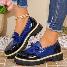 New Colorblock Bow Thick-Sole Loafers For Women, British Style Brogue Carved Leather Shoes, Soft Non-Slip Platform Shoes, School Uniform Style, JK Style Versatile Shoes, Retro Elevator Shoes For Commuting - Blue - View 4