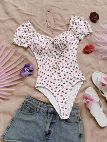 Body estampado floral para mujer, diseño hombros descubiertos con mangas bombachas, cordón frontal y fruncidos en pecho moldeadores, tela elástica suave ideal para primavera y verano - Azul 2 - Ver 8