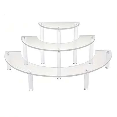 Kệ trưng bày hình lưỡi liềm 3 tầng bằng acrylic trong suốt dùng để đựng và trưng bày mỹ phẩm, đồ sưu tầm, kệ nhiều tầng bằng acrylic, giá trưng bày bằng lute, kệ sắp xếp trong suốt.