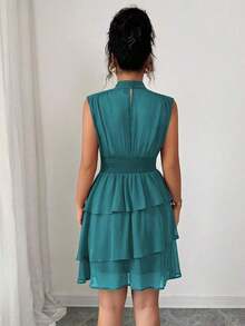 Vestido corto italiano de mujer de gasa con cuello pequeño, cintura recogida, volantes en el bajo y sin mangas, para uso casual, viajes, tardes de té, en colores lisos, para primavera/verano - Agua verde azul - Ver 2