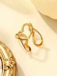 1 pieza Anillo de acero inoxidable con forma de corazón dorado de apertura ancha, adecuado para decoración diaria o regalo de mujer - Amarillo Oro - Ver 3