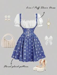 MOD Vestido vintage azul con cuadros y parches, con mangas abullonadas y lazo cruzado - Perfecto para vacaciones, citas, picnics, fiestas, bailes de graduación, festivales y cumpleaños - Azul y blanco 2 - Ver 2