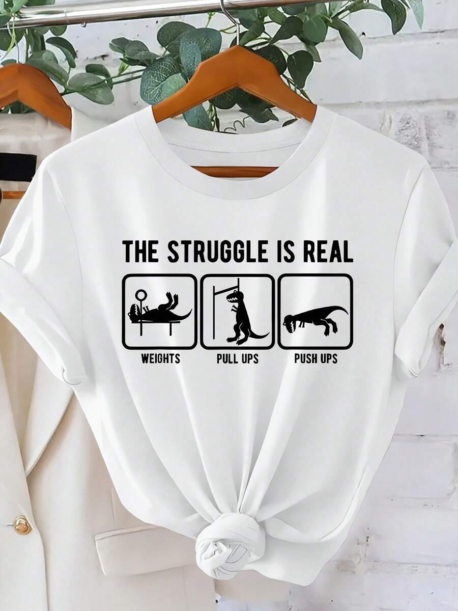 Camiseta de manga corta con letras inglesas y patrón de dinosaurio en el frente - cuello redondo ropa de verano linda casual - vacaciones deportivas de moda estilo diario Top - múltiples colores disponibles en tamaño S-XXL