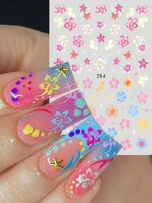 2 片装 3D 热带芙蓉花美甲贴纸，海洋风彩色花卉图案，夏季海洋花瓣美甲用品，美甲装饰 - 彩色 - 查看 4