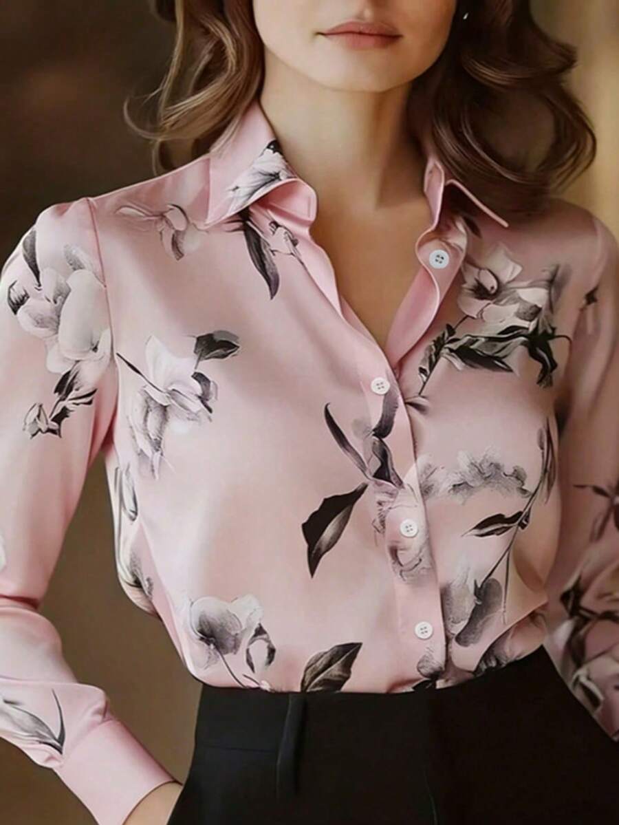 Women's Printed Casual Shirt With Front Button Closure Vacation Pink - Pink - View 1