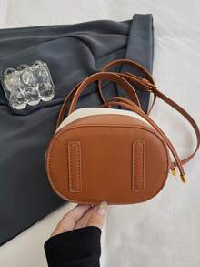 Bolso de cubo para mujer, bolso de hombro cruzado casual de paja con cordón - Marrón - Ver 10