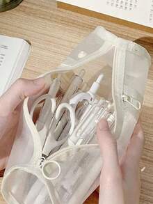 Tempat Pensil Jaring Transparan Minimalis Kapasitas Besar, Kantong Pena Tutup Flip-Top Warna Polos, Tas Penyimpanan Alat Tulis Portabel - MultiWarna - View 7