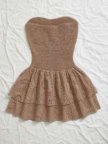 Vestido elegante de estilo de vacaciones con pliegues, sin mangas, tubo, cintura ceñida, hueco, bordado y volantes en el bajo en color azul marino - Camel - Ver 2