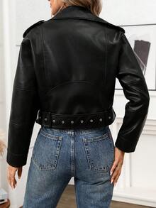 Women's Belted Motorcycle Cropped Jacket Black - Black - View 8