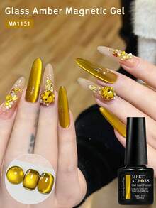 MEET ACROSS 1 pieza Esmalte de uñas en gel de 7ml con efecto de ojos de gato de vidrio dorado, esmalte en gel magnético de luz dorada con efecto de perlas de vidrio gelatinoso, esmalte en gel UV de remojo semi-permanente para uñas de verano, suministros de manicura y arte de uñas DIY para el hogar y el salón - Dorado - Ver 1