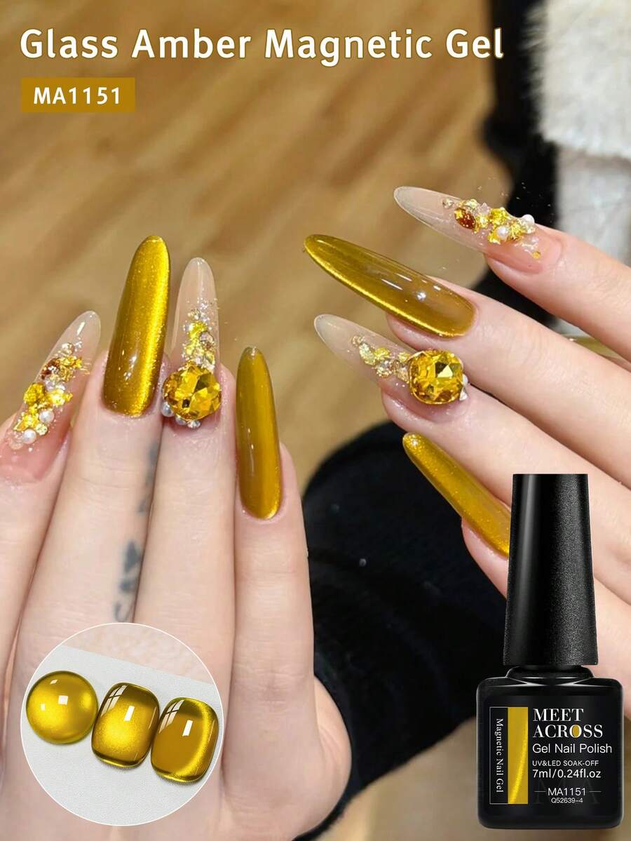 MEET ACROSS 1 pieza Esmalte de uñas en gel de 7ml con efecto de ojos de gato de vidrio dorado, esmalte en gel magnético de luz dorada con efecto de perlas de vidrio gelatinoso, esmalte en gel UV de remojo semi-permanente para uñas de verano, suministros de manicura y arte de uñas DIY para el hogar y el salón - Dorado - Ver 1