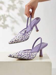 Tacones de aguja con estampado floral de malla y correa de tobillo, adecuados para bodas y fiestas - Lila Púrpura - Ver 2