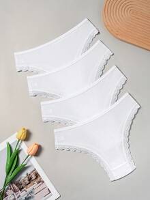 4 piezas Bragas de algodón acanalado suave con ribete de encaje para mujer - Blanco - Ver 2