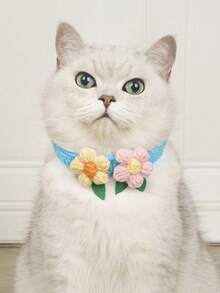 1pc Floral Knitted Pet Collar, Soft & Breathable Cat Collar Accessory, Fashionable & Adjustable Pet Bow Tie Suitable For Daily Wear And Photo Shooting - Multicolor - View 2