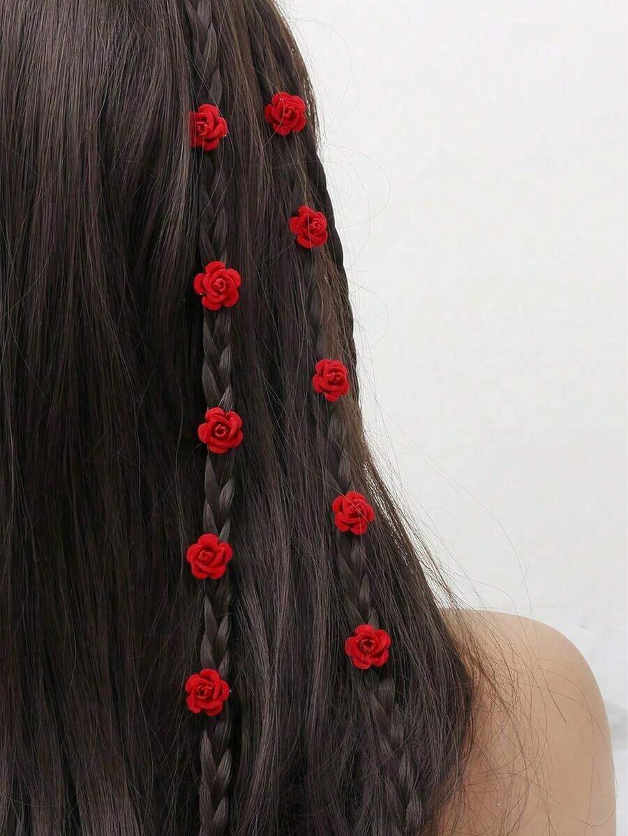 10pcs Velvet Rose Hair Clips, Women Hair Accessories - Burgundy - View 1
