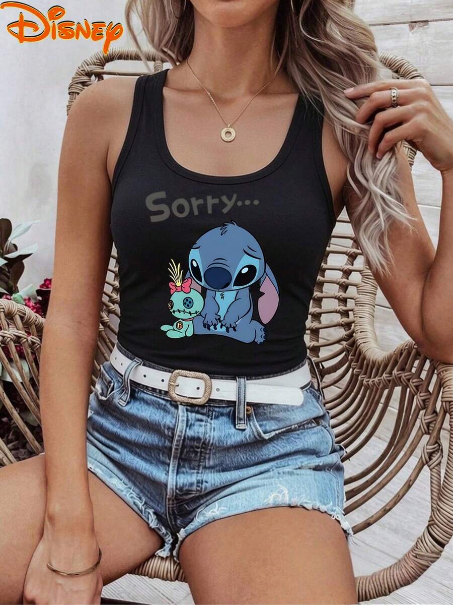 Disney Licensed Women'S Fashion Vest Stitch And Doll Pattern Print Women'S Fashion Tank Top Casual Loose Fit Women'S Vest Sleeveless Design Women'S Round Neck Vest Machine Washable Spring And Summer Versatile Breathable Skin-Friendly Versatile And C - 黑色 - 查看 1