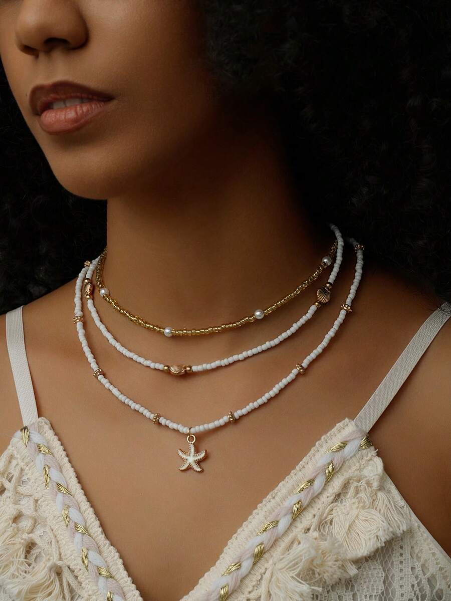 Bộ 3 vòng cổ choker thời trang nữ, vòng cổ choker đính hạt hình vỏ sò và sao biển cho kỳ nghỉ hè ở bãi biển, vòng cổ nhiều lớp đính ngọc trai giả màu vàng theo phong cách tối giản nữ tính, chất liệu hạt thủy tinh, quà tặng kỳ nghỉ hè ở bãi biển cho bạn gái, vòng cổ hạt cườm mùa hè - Nhiều màu - Xem 1