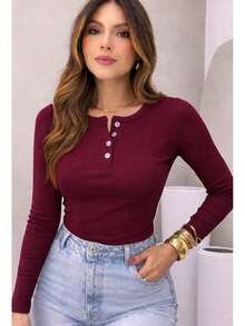 Women's Ribbed Cotton Blouse With Round Neck And Front Button, Long Sleeves, Comfortable. - 紅木色 - 查看 2