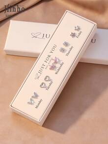 Hihho 10pcs/Set Pink Zirconia Sakura, Hollow Heart, Full Butterfly, Four-Leaf Clover, Hollow Small Flower 5 Elements, Versatile Style, Delicate And Lively, Wear Alone For Fresh Look Or Layer For More Atmosphere, Suitable For Daily, Dating, Work (Comes With Beautiful White Gift Box) - Earrings Set - View 9