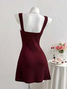 Vestido mini de línea A con parches de encaje y lazo en color vino tinto para mujeres - Rojo - Ver 2