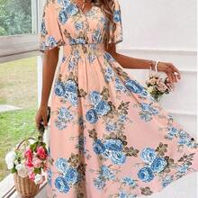Boho Chic Blue Floral Print Shirred Waist A Line Midi Dress For Women With V Neck And Puff Sleeves - Multicolor - Ver 11