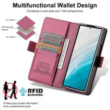 适用于三星 Galaxy Z Fold 7/6/5/4/3/5G 的 RFID 防盗刷仿皮钱包式手机壳，翻盖设计，带卡槽和支架 - 酒紅色 - 查看 7